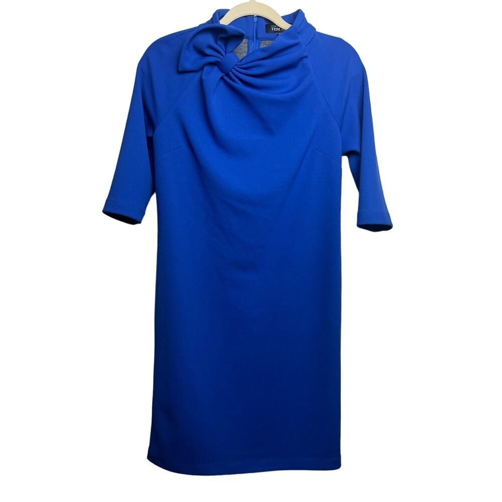 Rickie Freeman Teri Jon Blue Bow Neck Sheath Dress Sz. 10